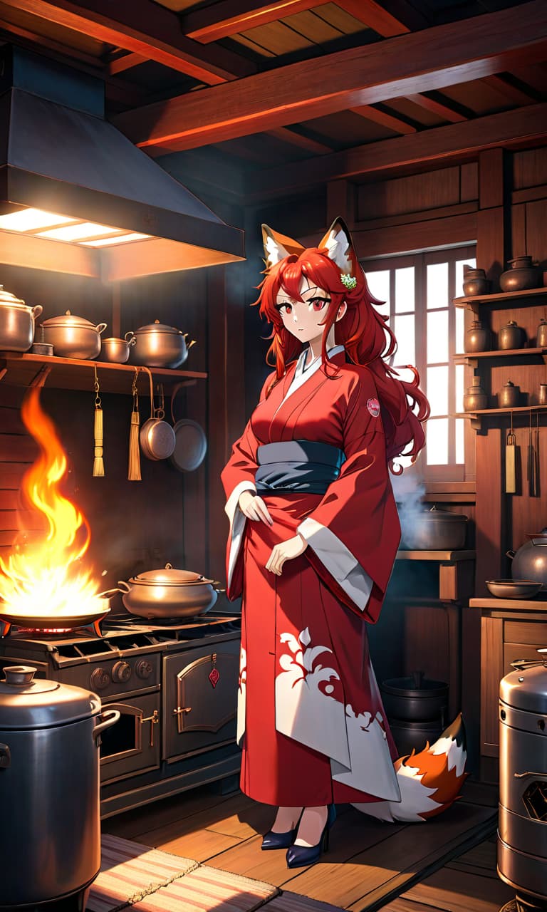  anime artwork A young, red haired woman, of full height, with red brown curly hair and fox red ears, and nine red tails, in a medical kimono, stands by a stove in a wooden house. . anime style, key visual, vibrant, studio anime, highly detailed hyperrealistic, full body, detailed clothing, highly detailed, cinematic lighting, stunningly beautiful, intricate, sharp focus, f/1. 8, 85mm, (centered image composition), (professionally color graded), ((bright soft diffused light)), volumetric fog, trending on instagram, trending on tumblr, HDR 4K, 8K