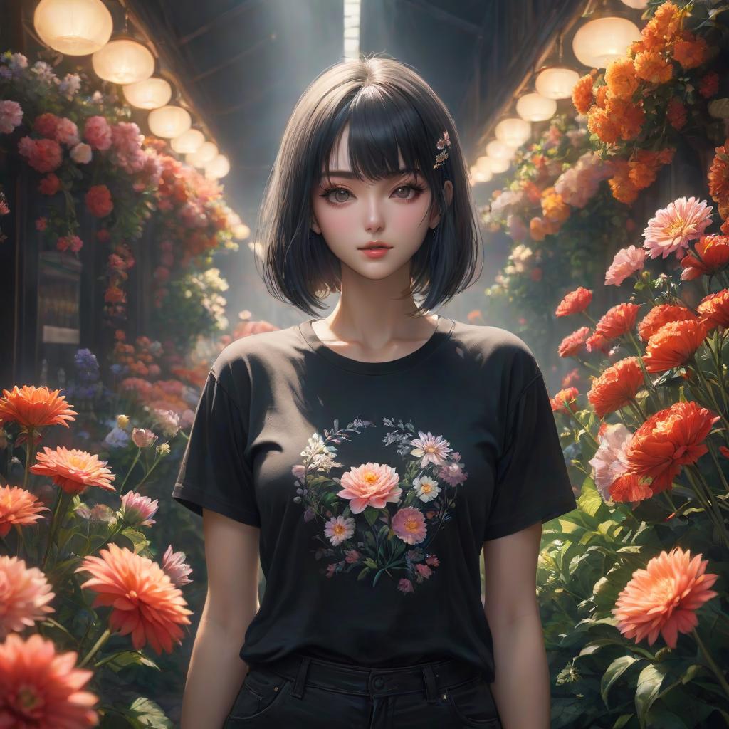  a woman stands tall with flowers in her hands in a black T shirt hyperrealistic, full body, detailed clothing, highly detailed, cinematic lighting, stunningly beautiful, intricate, sharp focus, f/1. 8, 85mm, (centered image composition), (professionally color graded), ((bright soft diffused light)), volumetric fog, trending on instagram, trending on tumblr, HDR 4K, 8K