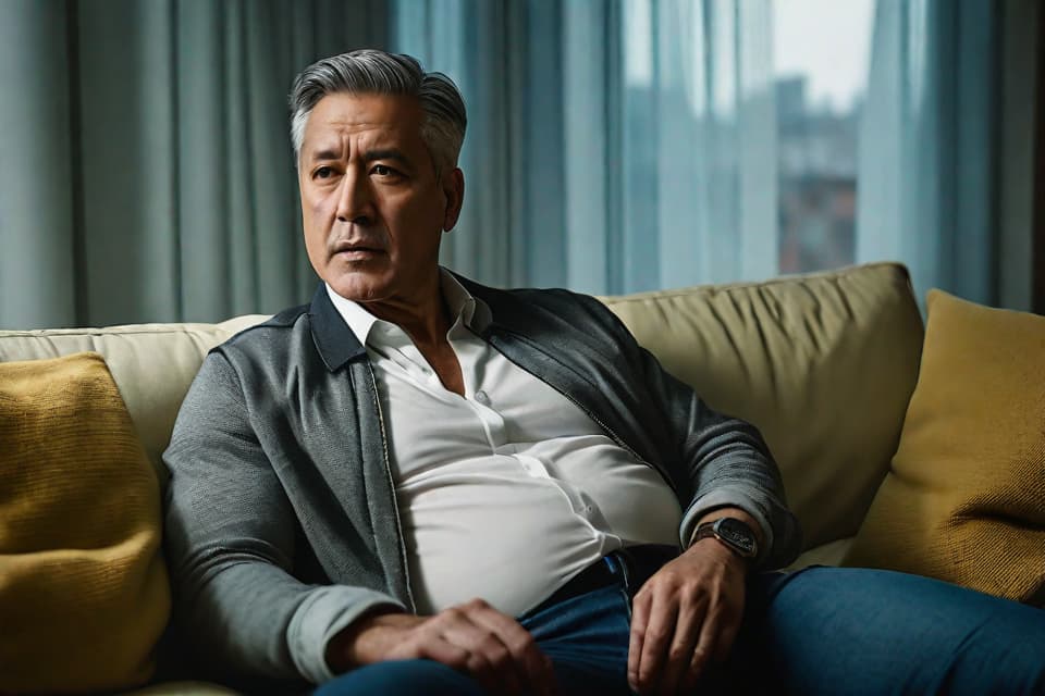  "Realistic close up of a middle aged man, seated on a couch in a modest living room, clutching his stomach with a pained expression. The background is softly blurred to keep the focus on the man. The lighting is natural, coming from a nearby window, casting gentle shadows. The man is dressed in casual, comfortable clothing. The scene subtly includes a small table with a glass of water and a few medicine bottles, hinting at ongoing treatment. The overall mood is somber yet hopeful, capturing the early symptoms of stomach cancer without being overly dramatic."Ensure no face,leg,hand or eye defomities.Ensure all images are clear, detailed, contains no text and no deformities. realistic, highly detailed, photorealistic, cinematic lighting, intr hyperrealistic, full body, detailed clothing, highly detailed, cinematic lighting, stunningly beautiful, intricate, sharp focus, f/1. 8, 85mm, (centered image composition), (professionally color graded), ((bright soft diffused light)), volumetric fog, trending on instagram, trending on tumblr, HDR 4K, 8K