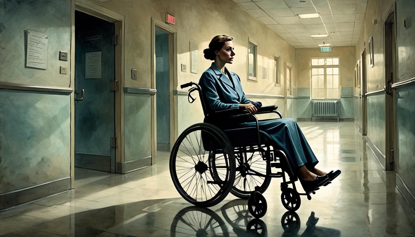  on parchment, surrealism+++, Woman in wheelchair, dull hospital corridor, light casting somber shadows, sense of despair and stagnation(mysterious, provocative, symbolic,muted color)+++