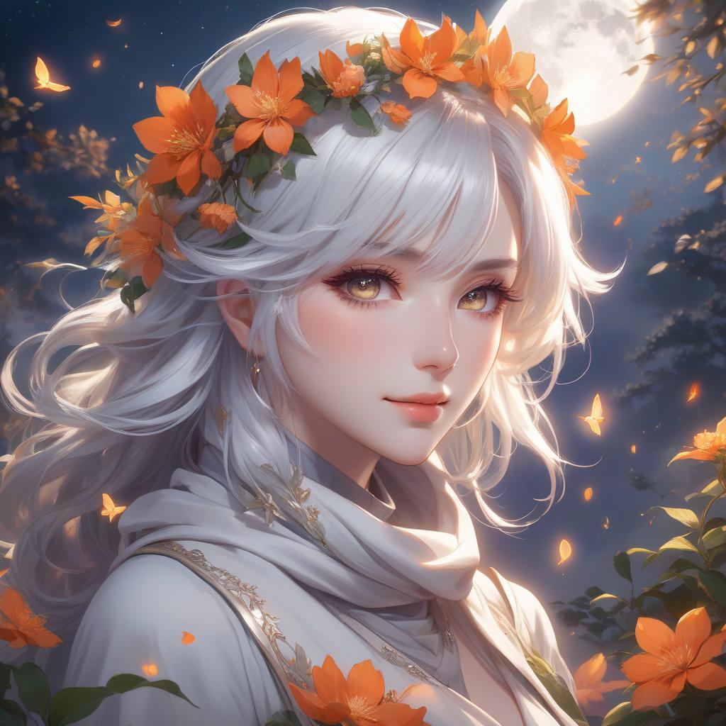  anime artwork A portrait of a woman with silver hair adorned with orange flowers and leaves, exuding an ethereal and mystical aura. The artwork captures a whimsical with a serene demeanor, pale complexion, and silver white hair adorned with a colorful floral wreath. Her soft facial features exude tranquility, complemented by a scarf that mimics layers of foliage and is accented with flowers. A unique erfly shaped extends from her shoulder, blending with her attire. The scene is ed in the gentle glow of a crescent moon, casting a warm light against the night sky, creating an enchanting, naturalistic tableau. . anime style, key visual, vint, studio anime, highly detailed hyperrealistic, full body, detailed clothing, highly detailed, cinematic lighting, stunningly beautiful, intricate, sharp focus, f/1. 8, 85mm, (centered image composition), (professionally color graded), ((bright soft diffused light)), volumetric fog, trending on instagram, trending on tumblr, HDR 4K, 8K