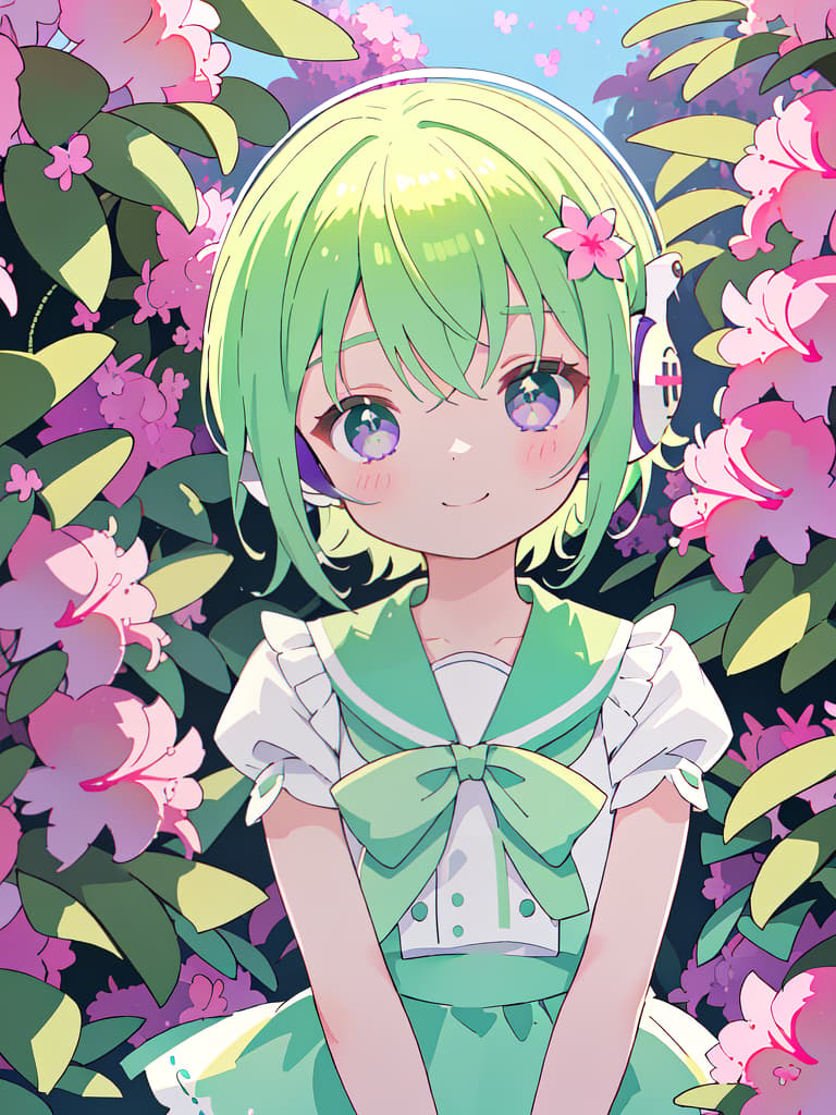  masterpiece,one woman,summer sailor suit,cute,delicate green hair color,glossy hair color,short hair,headphones,purple eye color,very smile,{{{satsuki azalea(Rhododendron indicum)}}},natural light,warm sunlight,high resolution,high quality,8K, masterpiece, best quality,8k,ultra detailed,high resolution,an extremely delicate and beautiful,hyper detail