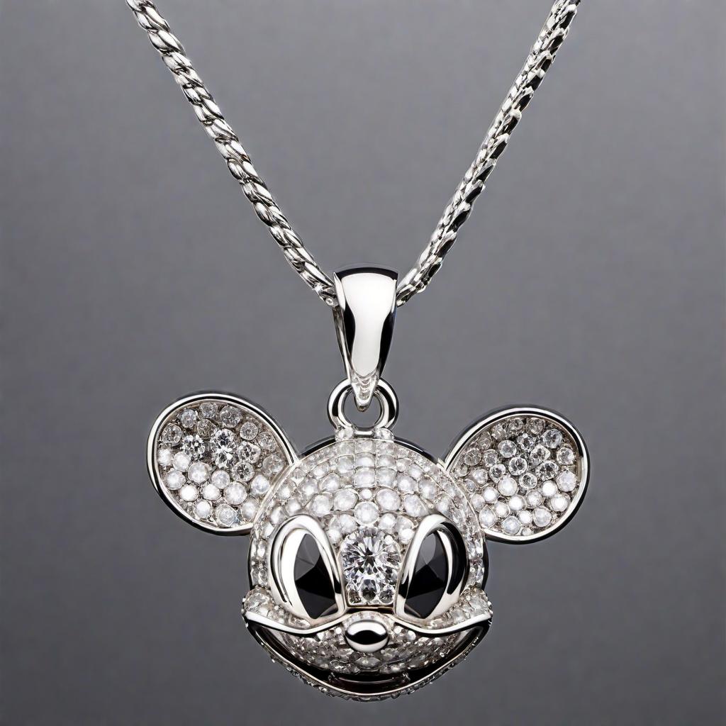  A diamond-encrusted Deadmau5 pendant with a sleek and modern design. The pendant features the iconic Deadmau5 mouse head logo covered in sparkling diamonds, with intricate detailing and a polished finish. The diamonds should shimmer and reflect light, emphasizing the luxury and elegance of the piece. hyperrealistic, full body, detailed clothing, highly detailed, cinematic lighting, stunningly beautiful, intricate, sharp focus, f/1. 8, 85mm, (centered image composition), (professionally color graded), ((bright soft diffused light)), volumetric fog, trending on instagram, trending on tumblr, HDR 4K, 8K