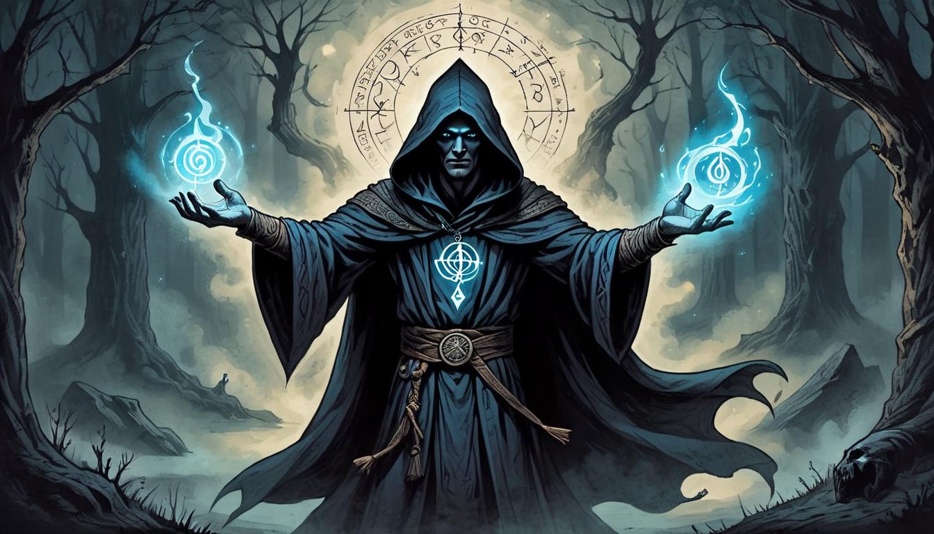  on parchment, surrealism+++, A hooded sorcerer with glowing runes around, arm outstretched, sensing unseen energies, mystical lights, dark surroundings, power, foresight(mysterious, provocative, symbolic,muted color)+++