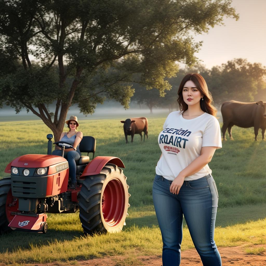  2 Chubby American girls in tshirt and jeans portrait at farm, bulls in Background, Tractor in background, Clean face details hyperrealistic, full body, detailed clothing, highly detailed, cinematic lighting, stunningly beautiful, intricate, sharp focus, f/1. 8, 85mm, (centered image composition), (professionally color graded), ((bright soft diffused light)), volumetric fog, trending on instagram, trending on tumblr, HDR 4K, 8K