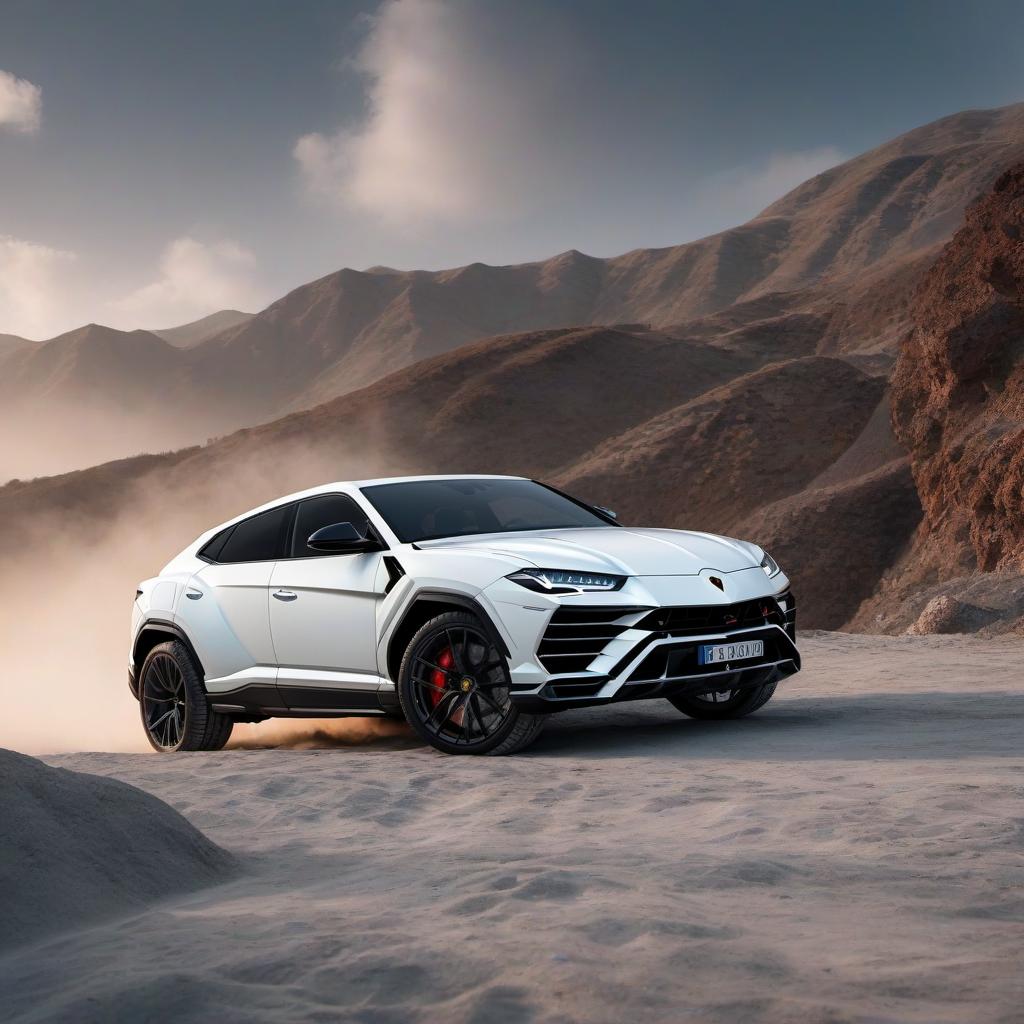  Lamborghini Urus white with large wheels and powerful bumpers hyperrealistic, full body, detailed clothing, highly detailed, cinematic lighting, stunningly beautiful, intricate, sharp focus, f/1. 8, 85mm, (centered image composition), (professionally color graded), ((bright soft diffused light)), volumetric fog, trending on instagram, trending on tumblr, HDR 4K, 8K