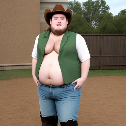  Tall fat guy with skinny legs no neck long scagaly hair big nose green eyes with freckles wearing underpants vest with no shirt and cowboy boots