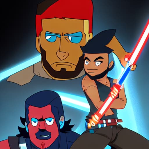  A cartoon style redhead girl holing a blue lightsaber fighting a black haired bearded man with a red double bladed lightsaber