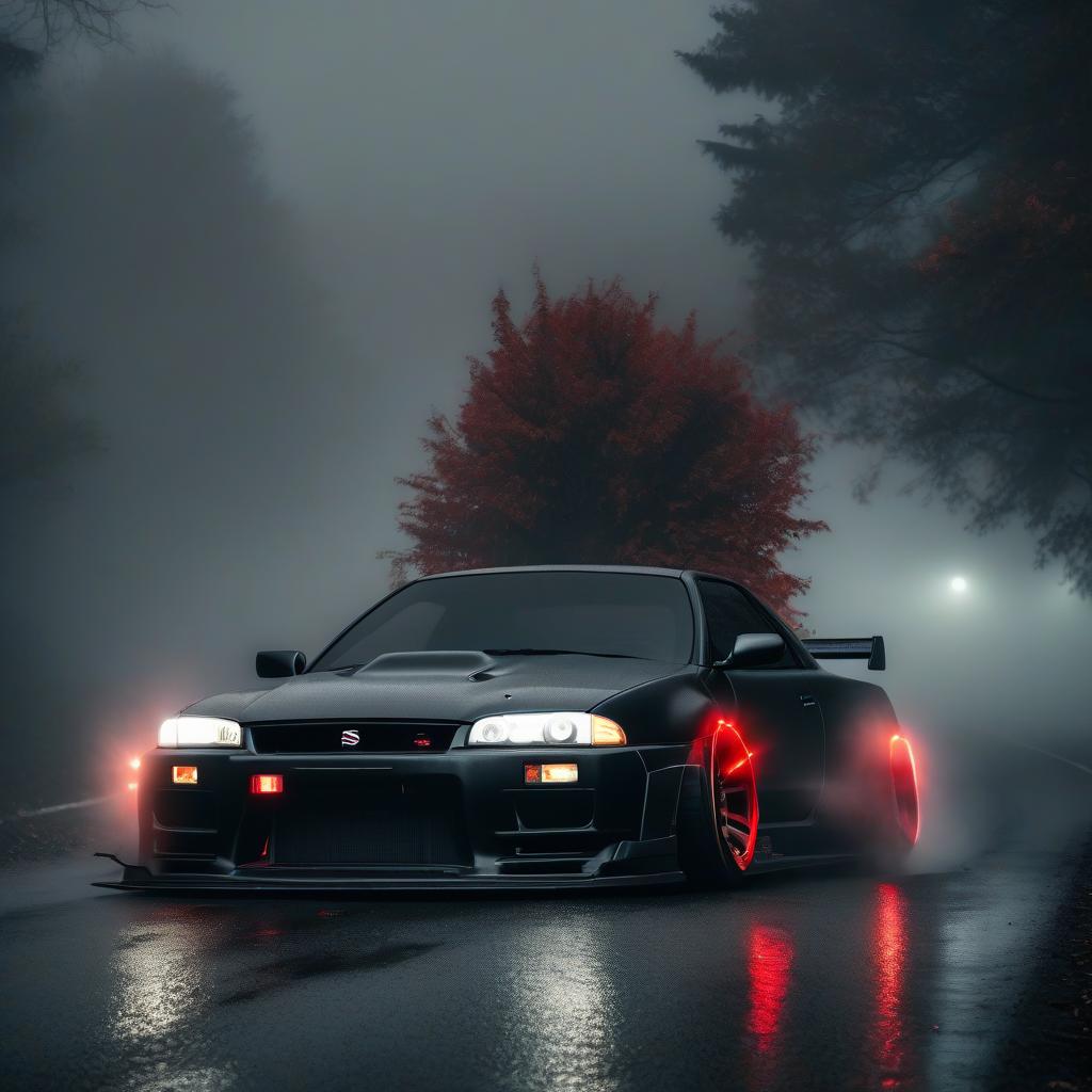  macabre style A black Nissan sports skyline with bright red headlights drives along a night road with a gloomy foggy atmosphere . dark, gothic, grim, haunting, highly detailed hyperrealistic, full body, detailed clothing, highly detailed, cinematic lighting, stunningly beautiful, intricate, sharp focus, f/1. 8, 85mm, (centered image composition), (professionally color graded), ((bright soft diffused light)), volumetric fog, trending on instagram, trending on tumblr, HDR 4K, 8K