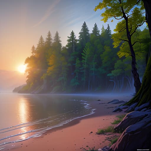  Drawn riverbank, forest, sky, sun, view from one shore to another, much greenery, morning, ultra realistic, concept art, intricate details, highly detailed, photorealistic, octane render, 8k, unreal engine, sharp focus, volumetric lighting unreal engine. art by artgerm and alphonse mucha hyperrealistic, full body, detailed clothing, highly detailed, cinematic lighting, stunningly beautiful, intricate, sharp focus, f/1. 8, 85mm, (centered image composition), (professionally color graded), ((bright soft diffused light)), volumetric fog, trending on instagram, trending on tumblr, HDR 4K, 8K