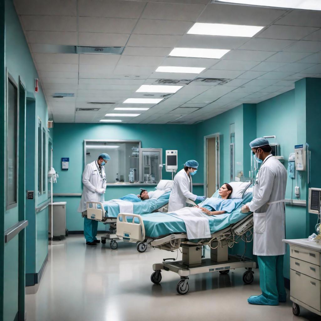  Third shift late night employees working in a hospital. The scene should show nurses and doctors in a dimly lit hospital corridor, with some staff engaged in patient care, administering medication, or checking medical equipment. There should be a sense of calm but also exhaustion on their faces. The corridor should have the typical hospital look with medical equipment, hospital beds, and a nurse's station. The atmosphere should convey the quiet seriousness of late-night hospital work. hyperrealistic, full body, detailed clothing, highly detailed, cinematic lighting, stunningly beautiful, intricate, sharp focus, f/1. 8, 85mm, (centered image composition), (professionally color graded), ((bright soft diffused light)), volumetric fog, trending on instagram, trending on tumblr, HDR 4K, 8K