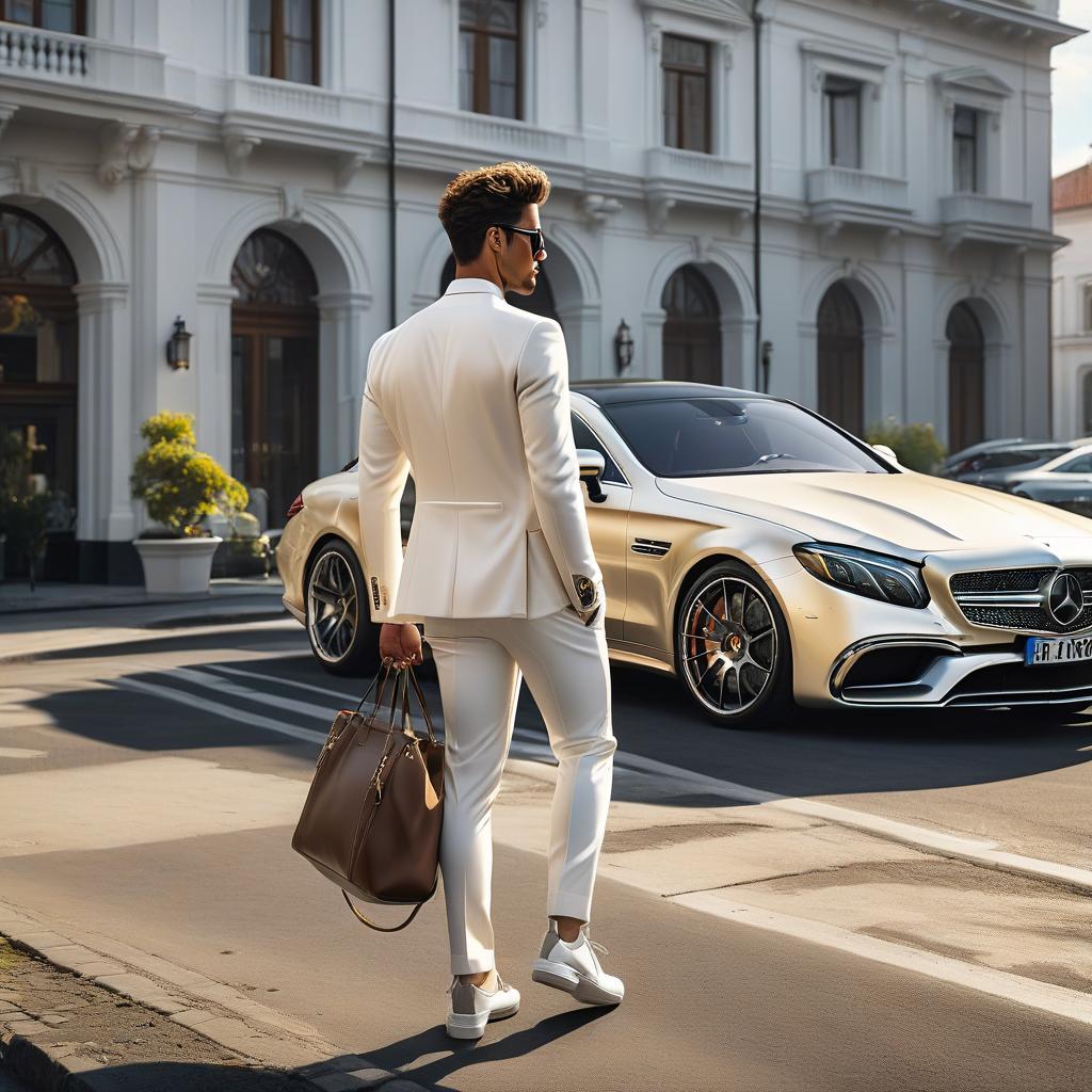  hyperrealistic art A rich boy in expensive clothing is walking towards a white gold Mercedes AMG 63. . extremely high resolution details, photographic, realism pushed to extreme, fine texture, incredibly lifelike hyperrealistic, full body, detailed clothing, highly detailed, cinematic lighting, stunningly beautiful, intricate, sharp focus, f/1. 8, 85mm, (centered image composition), (professionally color graded), ((bright soft diffused light)), volumetric fog, trending on instagram, trending on tumblr, HDR 4K, 8K