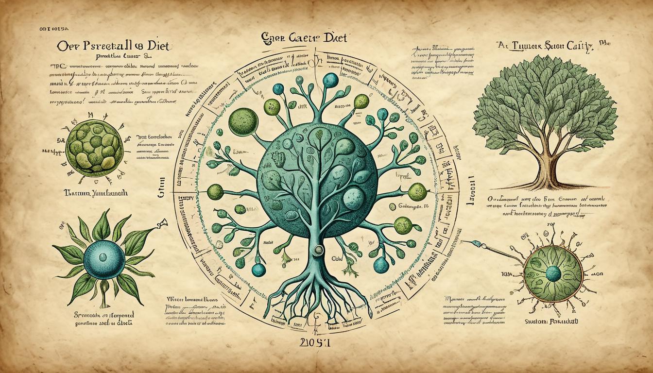  on parchment, surrealism+++, Prostate cancer cells under a microscope, with overlaying symbols of plant based diet, exercise, and stress management, representing gene expression with tumor suppression, scientific clarity, hopeful(mysterious, provocative, symbolic,muted color)+++