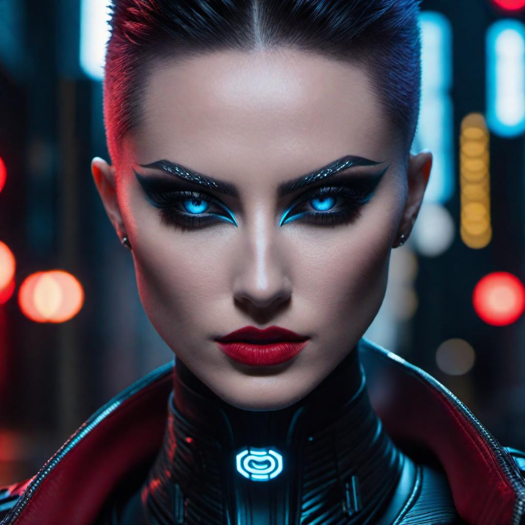  ultra realistic close up portrait ((beautiful pale cyberpunk female with heavy black eyeliner)), blue eyes, shaved side haircut, hyper detail, cinematic lighting, magic neon, dark red city, Canon EOS R3, nikon, f/1.4, ISO 200, 1/160s, 8K, RAW, unedited, symmetrical balance, in frame, 8K hyperrealistic, full body, detailed clothing, highly detailed, cinematic lighting, stunningly beautiful, intricate, sharp focus, f/1. 8, 85mm, (centered image composition), (professionally color graded), ((bright soft diffused light)), volumetric fog, trending on instagram, trending on tumblr, HDR 4K, 8K