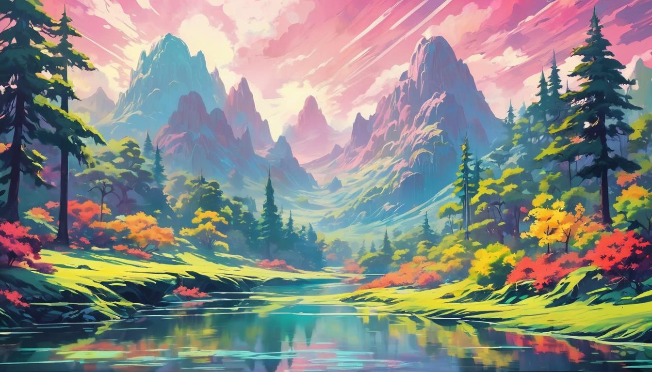  retro futuristic ripple in a pond, expanding outwards, serene landscape, ripple effect, uplifting consciousness lvintage sci fi, 50s and 60s style, atomic age, vibrant, highly detailed