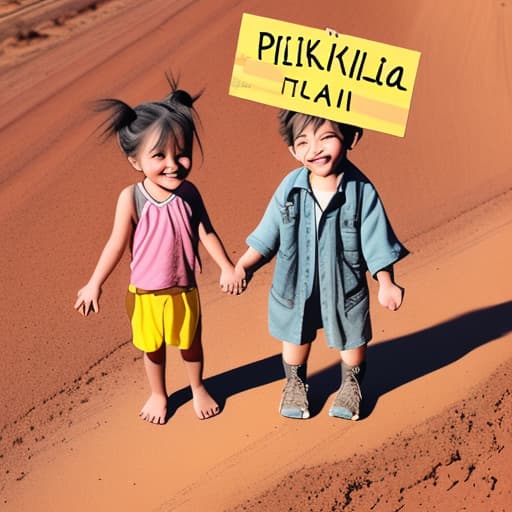  Two small creatures holding hands standing on a dirt road with a sign saying “pipikakaland” on it