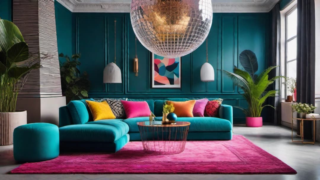  Create an image of a vibrant retro living room inspired by 80s interior design. The room should be adorned with bright neon colors like electric blue, hot pink, and neon green. Include a large geometric patterned rug, a retro style sofa in turquoise, abstract art pieces in neon hues on the walls, and a hanging disco ball from the ceiling. The atmosphere should exude a funky and energetic vibe, combining nostalgia with a modern twist. hyperrealistic, full body, detailed clothing, highly detailed, cinematic lighting, stunningly beautiful, intricate, sharp focus, f/1. 8, 85mm, (centered image composition), (professionally color graded), ((bright soft diffused light)), volumetric fog, trending on instagram, trending on tumblr, HDR 4K, 8K