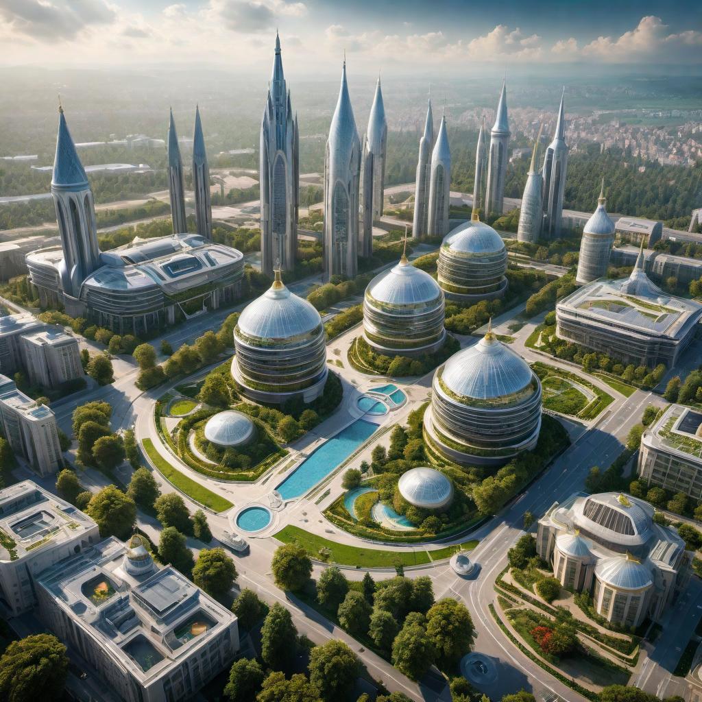  A futuristic representation of the Romanian city of Iasi in the year 2100. The image should depict advanced technology, modern architecture, sustainable infrastructure, and a bustling cityscape. Imagine flying cars, green spaces, futuristic buildings, and vibrant cultural elements merging in a harmonious city of the future. hyperrealistic, full body, detailed clothing, highly detailed, cinematic lighting, stunningly beautiful, intricate, sharp focus, f/1. 8, 85mm, (centered image composition), (professionally color graded), ((bright soft diffused light)), volumetric fog, trending on instagram, trending on tumblr, HDR 4K, 8K