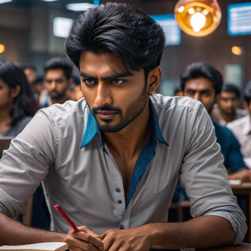  this Indian student got frustrated since he got less marks in exam, ((Anime)) hyperrealistic, full body, detailed clothing, highly detailed, cinematic lighting, stunningly beautiful, intricate, sharp focus, f/1. 8, 85mm, (centered image composition), (professionally color graded), ((bright soft diffused light)), volumetric fog, trending on instagram, trending on tumblr, HDR 4K, 8K