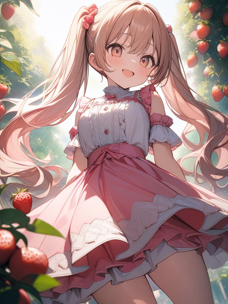  Cute, , big eyes, thin body, fluffy hair, exposure, strawberry, smiling, frill dress, , twin tails, long hair, peach, pink frill dress, exposure, masterpiece, best quality,8k,ultra detailed,high resolution,an extremely delicate and beautiful,hyper detail