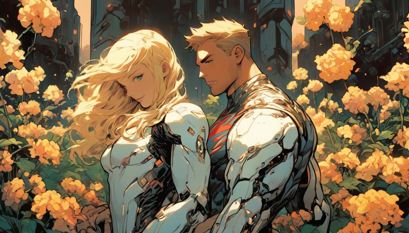  hyperrealism,fantasy aesthetic1woman1man, large busted attractive blonde arian female humanoid and handsome male humanoid, holding hands, deep bond, field of blooming flowers, high tech clothing clad in sleek, futuristic costume with metallic accents and form fitting designs, marvel superhero comics style, unreal engine rendering