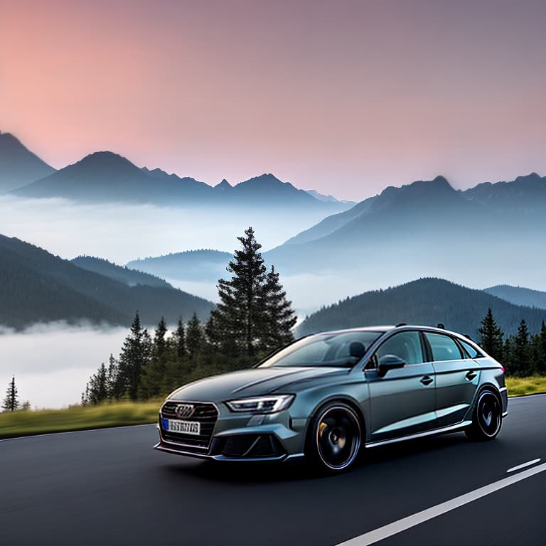 nvinkpunk Audi A3 Sportback Quattro color dark grey with black wheels. In the background is a mountain with sunset and trees hyperrealistic, full body, detailed clothing, highly detailed, cinematic lighting, stunningly beautiful, intricate, sharp focus, f/1. 8, 85mm, (centered image composition), (professionally color graded), ((bright soft diffused light)), volumetric fog, trending on instagram, trending on tumblr, HDR 4K, 8K