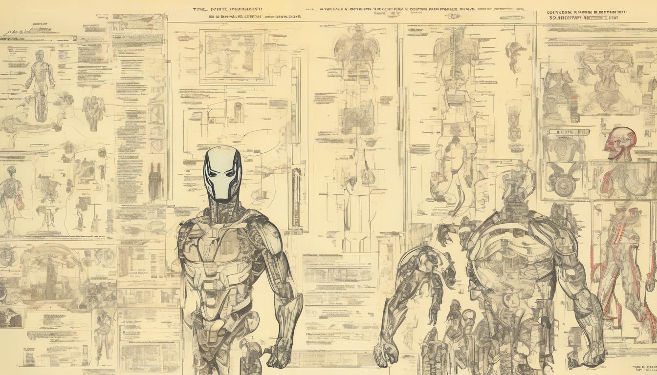  hyperrealism,fantasy aestheticAnatomical charts and medical diagrams, historical scientific instruments, viewers studying the illustrations, educational, informative, high tech clothing clad in sleek, futuristic costume with metallic accents and form fitting designs, marvel superhero comics style, unreal engine rendering