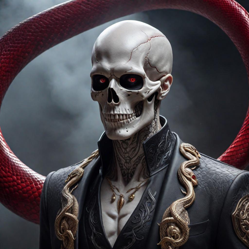  A realistic looking male, tall, thin, white pale with a skull-like face, wide red eyes with slit pupils, and a snake-like nose hyperrealistic, full body, detailed clothing, highly detailed, cinematic lighting, stunningly beautiful, intricate, sharp focus, f/1. 8, 85mm, (centered image composition), (professionally color graded), ((bright soft diffused light)), volumetric fog, trending on instagram, trending on tumblr, HDR 4K, 8K