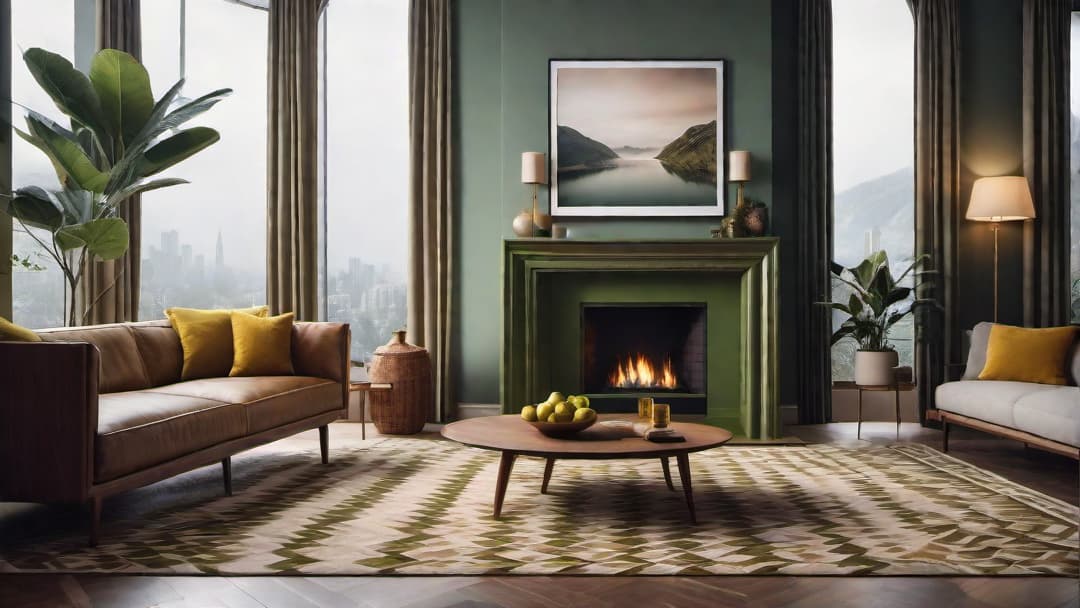  Generate an image of a cozy living room decorated in Mid Century Modern style. Include vintage furniture pieces like a sleek teak wood sideboard, a cone shaped fireplace, and a retro geometric patterned rug. Emphasize the use of warm, earthy colors like mustard yellow and avocado green. additional guidelines The image should evoke a nostalgic and stylish feel typical of the Mid Century Modern era. hyperrealistic, full body, detailed clothing, highly detailed, cinematic lighting, stunningly beautiful, intricate, sharp focus, f/1. 8, 85mm, (centered image composition), (professionally color graded), ((bright soft diffused light)), volumetric fog, trending on instagram, trending on tumblr, HDR 4K, 8K