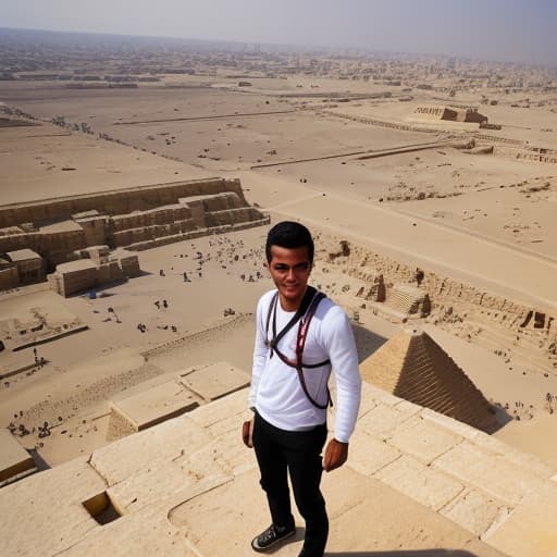  A young man while standing on the top of the pyramid of Egypt and about to jump off while using a parachute