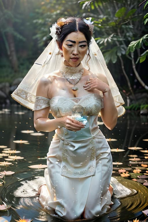  (masterpiece), (extremely intricate:1.52), (realistic), (Extremely High Difficulty: She wore a gorgeous white rice paper dress with streamers at the hem and was dressed in a pendant bun and was umber and umber the waters of Lotus Lake. The water is clear and bright. Koi fish feet, soaking , kneeling in the clear water. In the painting, she is a beautiful goddess of wind in Tang Dynasty. Her head was covered with a rice paper scarf inlaid with white pearls. The light shone on her wind veil, her snow white . Film lighting, octave rendering, Unreal Engine, DTX roll, (film grain), 8K realism, film lighting, high definition, high detail, Art Station Trends, high quality shooting, film stilts, beautiful yo hyperrealistic, full body, detailed clothing, highly detailed, cinematic lighting, stunningly beautiful, intricate, sharp focus, f/1. 8, 85mm, (centered image composition), (professionally color graded), ((bright soft diffused light)), volumetric fog, trending on instagram, trending on tumblr, HDR 4K, 8K