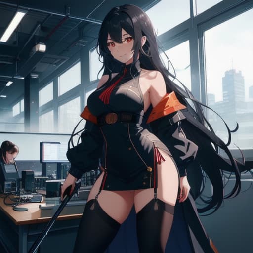  1, anime named Emi in an office, black long hair staff, big , looking at viewer, red eyes, smiling. hyperrealistic, full body, detailed clothing, highly detailed, cinematic lighting, stunningly beautiful, intricate, sharp focus, f/1. 8, 85mm, (centered image composition), (professionally color graded), ((bright soft diffused light)), volumetric fog, trending on instagram, trending on tumblr, HDR 4K, 8K