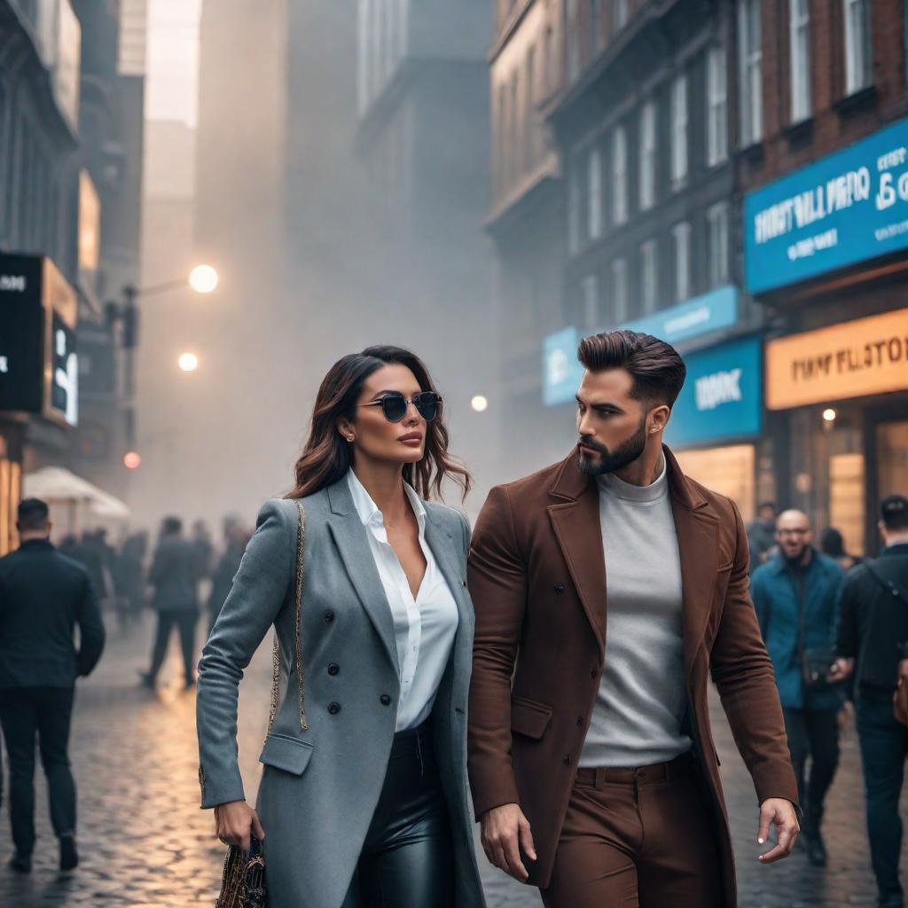  Create an image with two people similar to the ones in the provided image. hyperrealistic, full body, detailed clothing, highly detailed, cinematic lighting, stunningly beautiful, intricate, sharp focus, f/1. 8, 85mm, (centered image composition), (professionally color graded), ((bright soft diffused light)), volumetric fog, trending on instagram, trending on tumblr, HDR 4K, 8K