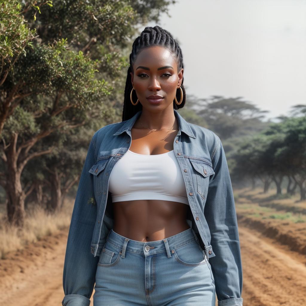  a beautiful African in farm, jeans and tshirt hyperrealistic, full body, detailed clothing, highly detailed, cinematic lighting, stunningly beautiful, intricate, sharp focus, f/1. 8, 85mm, (centered image composition), (professionally color graded), ((bright soft diffused light)), volumetric fog, trending on instagram, trending on tumblr, HDR 4K, 8K