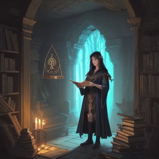  young, loli, 80's fantasy art, A dark and ancient tower surrounded by dense woods. Inside, a sorceress in elegant robes holds a glowing scroll, with runes and magical symbols. A young man, determined and resolute, stands before her, ready to sign the pact. The atmosphere is thick with arcane energy, books and artifacts line the walls, and the scene is lit by magical light.