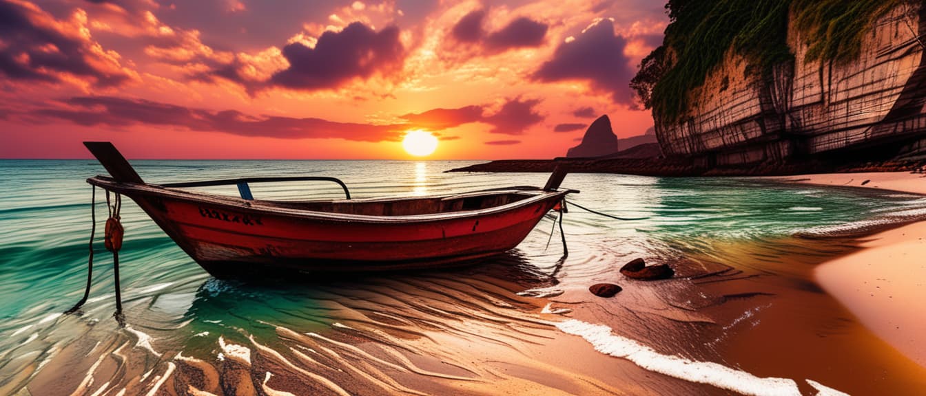  best quality, HD, Boat on sand stone water beach in close up with the sunset sky,