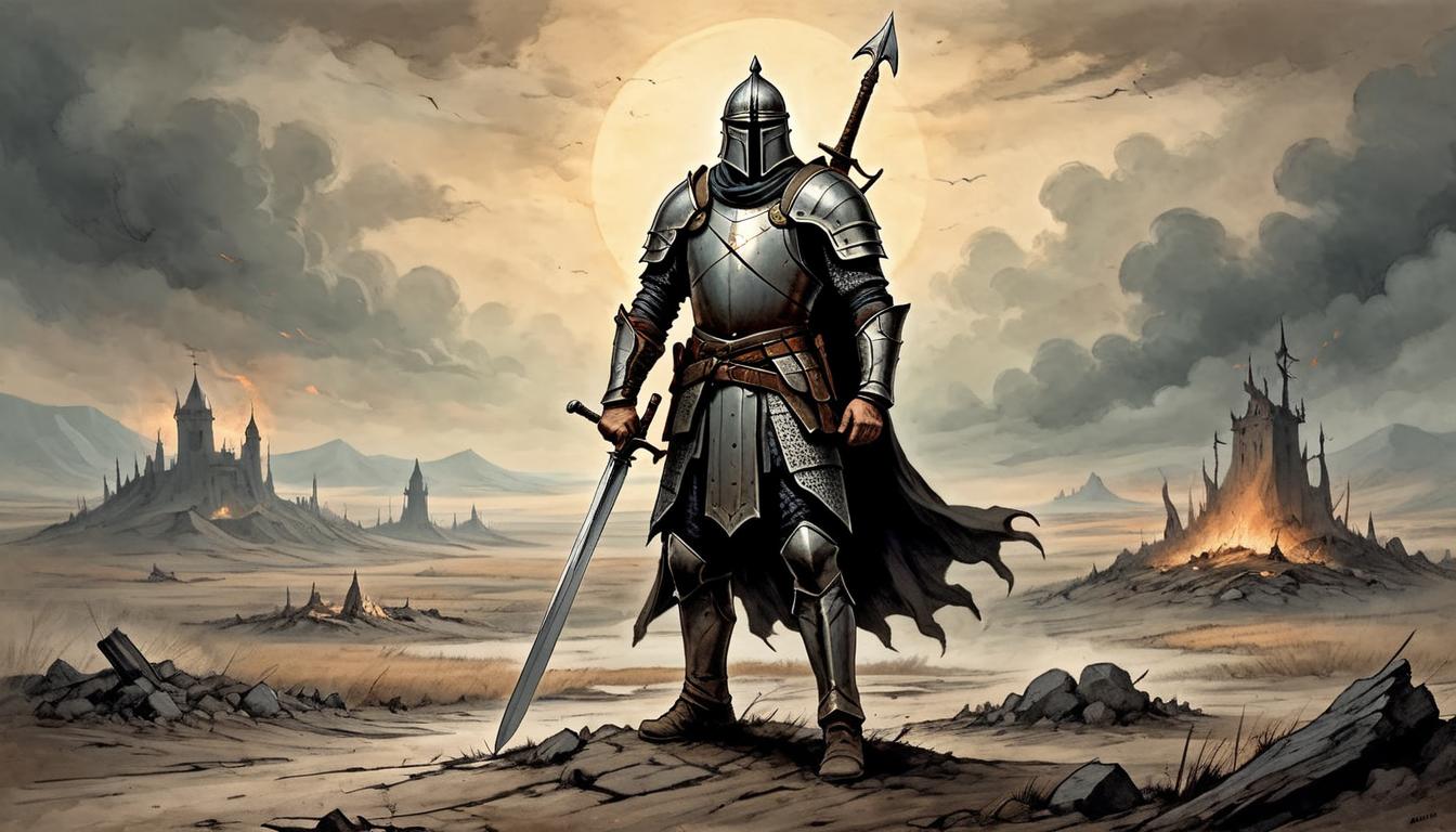  on parchment, surrealism+++, A warrior in battered armor, standing amidst a desolate battlefield, sword planted firmly in the ground, determined stance, embers of courage glowing in the dusk(mysterious, provocative, symbolic,muted color)+++