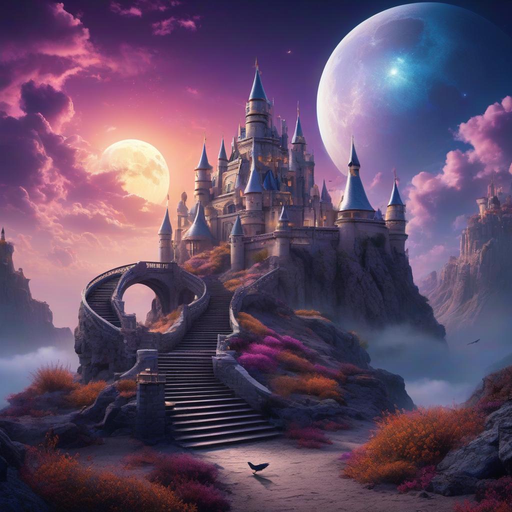  A fantastic fairy tale castle. New technology. Desert. Oasis. There's a sea around. Golden smoke. Sunnyside Attics. The heavenly halls. Sky. Stairway in the sky. Clouds. A masterpiece. Bird. Nightingale. Background: surrealistically abstract. Сanary. Flying saucer. Space, fantasy. Purple, blue, silver colors. Moon. hyperrealistic, full body, detailed clothing, highly detailed, cinematic lighting, stunningly beautiful, intricate, sharp focus, f/1. 8, 85mm, (centered image composition), (professionally color graded), ((bright soft diffused light)), volumetric fog, trending on instagram, trending on tumblr, HDR 4K, 8K