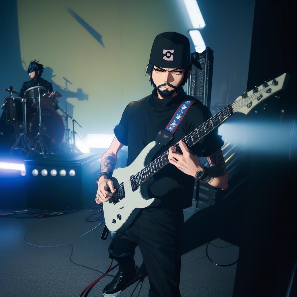  anime artwork Character, front, side views, full length with legs and all parts, concept art, a man with a beard playing a guitar, schecter km 6 guitar, head with hat, black sneakers on feet, tesseract, clayton crain, holding electric guitar, tattoed left hand, scenic full shot, a picture, by Kamisaka Sekka, pixiv contest winner, shin hanga, gorillaz album cover, detail shot, magazine scan, urusei yatsura, 2d, anime, extremely hyper detailed clothing, modest clothes, (extremely hyper detailed face), (masterpiece:1.4), (perfect eyes:1.1), (deep eyes), 32K HD, rough, intense look . anime style, key visual, vibrant, studio anime, highly detailed hyperrealistic, full body, detailed clothing, highly detailed, cinematic lighting, stunningly beautiful, intricate, sharp focus, f/1. 8, 85mm, (centered image composition), (professionally color graded), ((bright soft diffused light)), volumetric fog, trending on instagram, trending on tumblr, HDR 4K, 8K