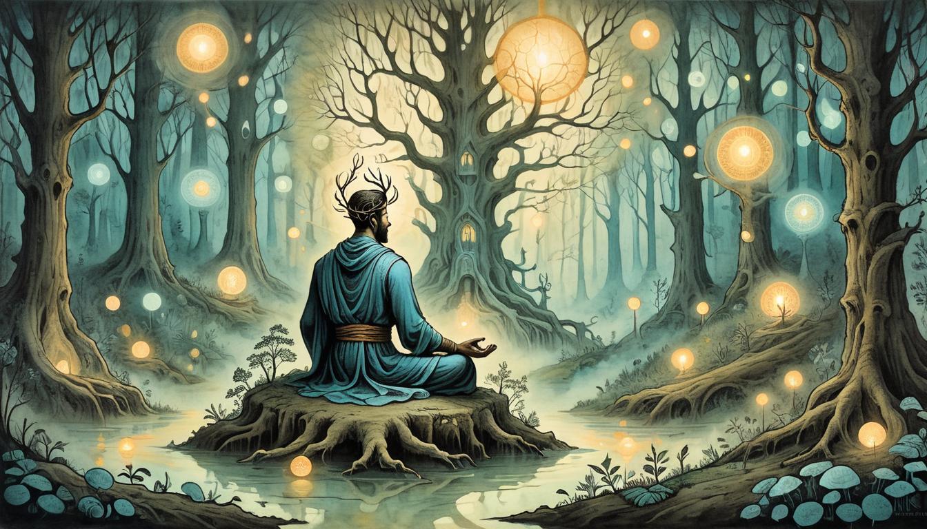  on parchment, surrealism+++, A figure meditating in a forest, surrounded by glowing orbs, complex root system beneath, illuminated pathways, grace, and insight(mysterious, provocative, symbolic,muted color)+++