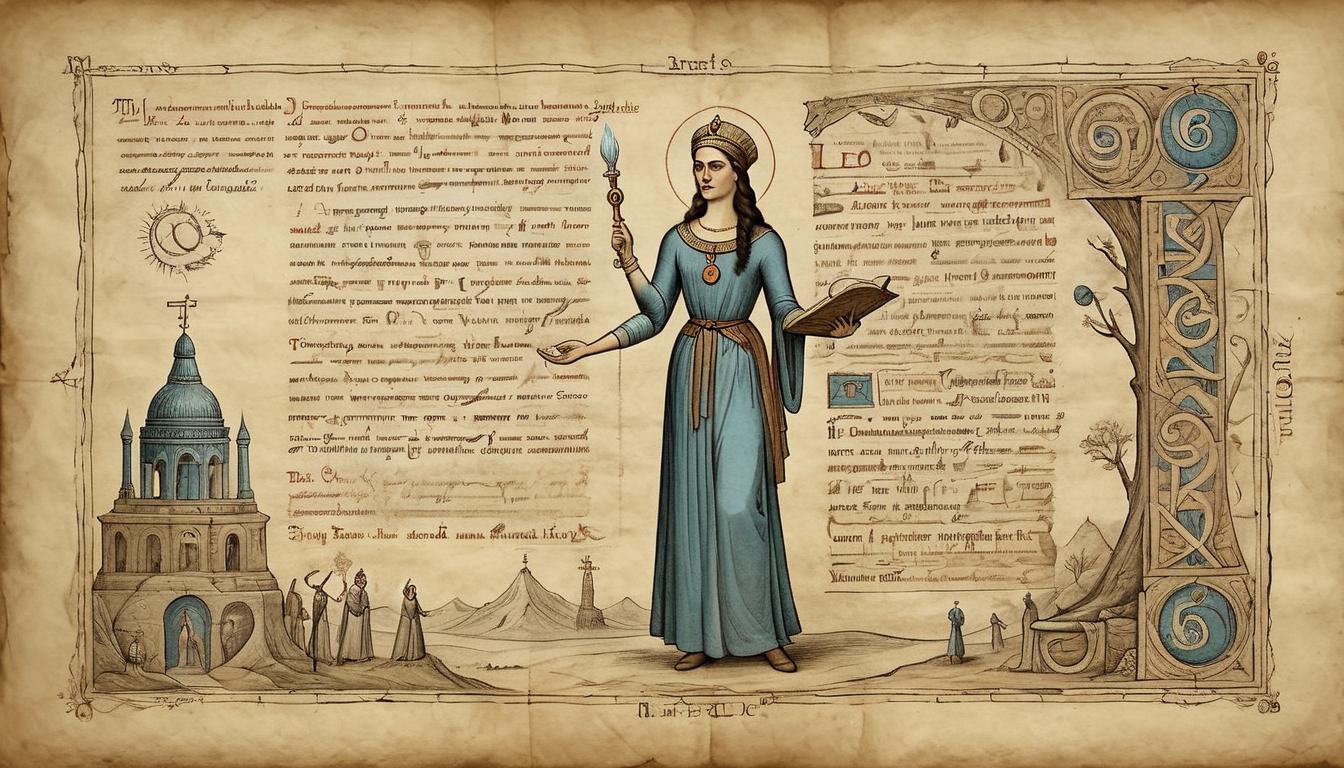  on parchment, surrealism+++, Ruth, holding a symbolic artifact, such as a scroll or ancient text, standing before a symbol of heritage, intricate designs around, implication of her impact on history, sense of reverence and legacy(mysterious, provocative, symbolic,muted color)+++