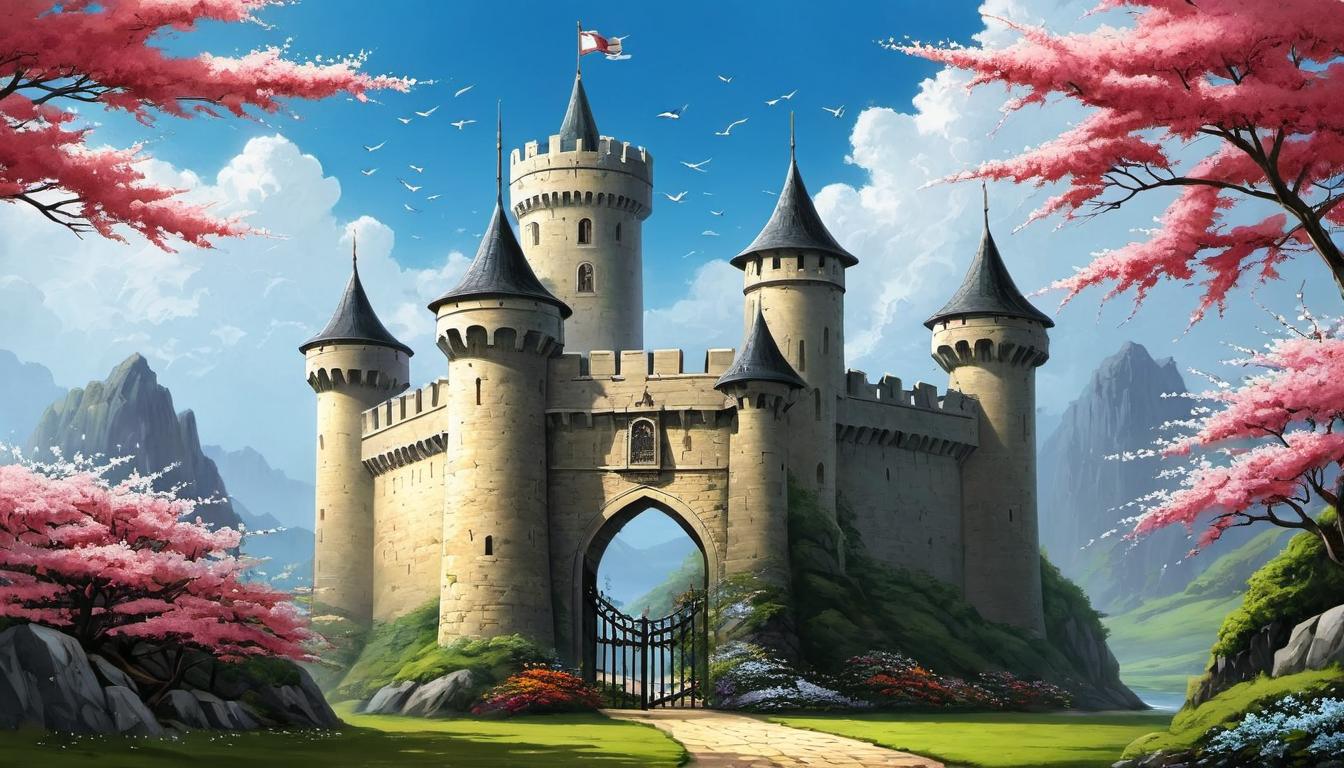  （surrealism)A fortified gate standing resolute amidst a serene garden, flowers blooming around, tough and delicate, barrier amidst beauty, tranquil strength mystic, intricate details, best quality)