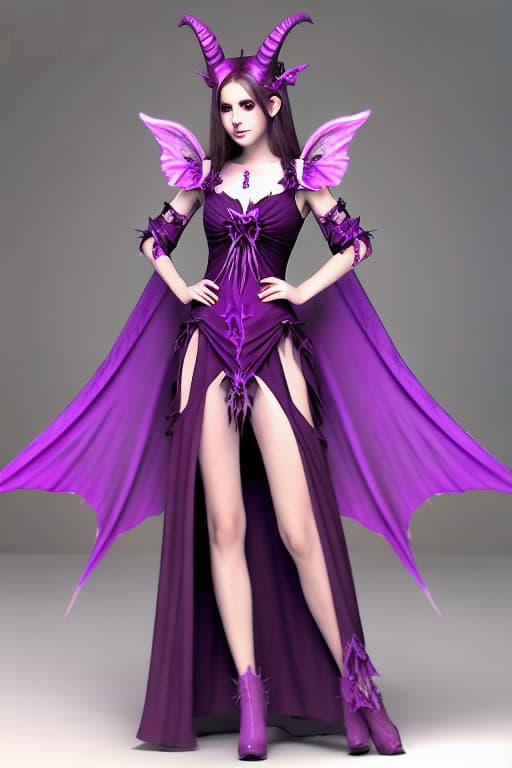  Purple Demon princess elegant dress with horns and fairy wings in flames