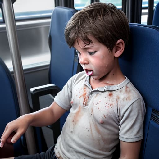  a very sweaty very young boy, caught on a public bus, is discovered by the viewer. The young 's face is rendered in exquisite detail, a look of and arousal as he realizes he's been caught the boy on the bus seat lets out a stream of warm, viscous liquid shooting out from his huge engorged erect tip coating his and splattering onto the floor of the bus, the pinnacle of his is his sweaty features, high-angle shot, dramatic angle, extreme angle shot, photo-realistic, volumetric fog, 85mm lens, HDR, cinematic