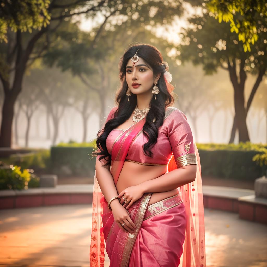  a Chubby indian women in pink saree, at greenery park, clean face details, portrait hyperrealistic, full body, detailed clothing, highly detailed, cinematic lighting, stunningly beautiful, intricate, sharp focus, f/1. 8, 85mm, (centered image composition), (professionally color graded), ((bright soft diffused light)), volumetric fog, trending on instagram, trending on tumblr, HDR 4K, 8K