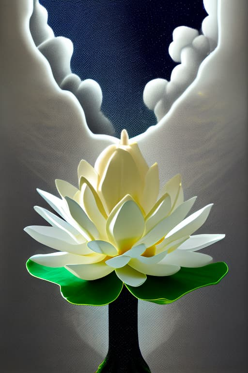 wa-vy style Image of 1 white transparency lotus flower in heaven with serenity tone and holy spirituality mood lots of ray above