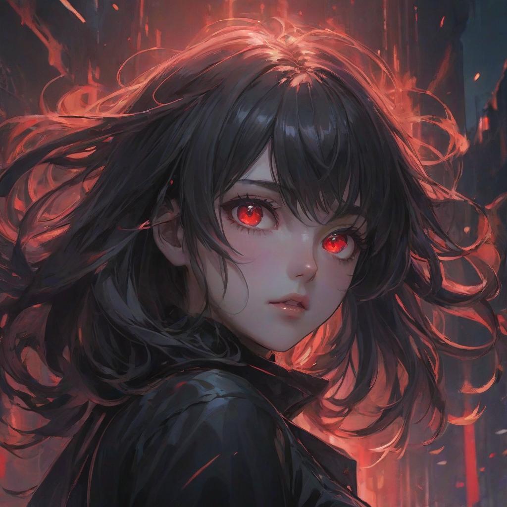  anime artwork A close up portrait of a woman with tousled dark hair, wearing a black outfit with intricate details. She has a serious, intense expression on her face, with glowing red eyes and a moody, dramatic lighting that creates a striking, anime inspired aesthetic. Prompt: A close up portrait of an intense, anime inspired woman with tousled dark hair, glowing red eyes, and a moody, dramatic lighting, in the style of Dmitry Kustanovich, Felicia Simion, and Ekaterina Panikanova. . anime style, key visual, vibrant, studio anime, highly detailed hyperrealistic, full body, detailed clothing, highly detailed, cinematic lighting, stunningly beautiful, intricate, sharp focus, f/1. 8, 85mm, (centered image composition), (professionally color graded), ((bright soft diffused light)), volumetric fog, trending on instagram, trending on tumblr, HDR 4K, 8K