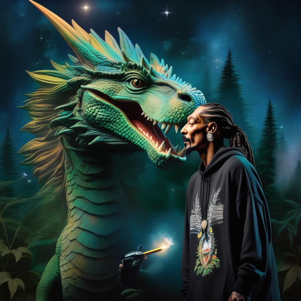  ((pencil drawing)), Famous artist Snoop Dogg walking his pet dragon while smoking a large amount of Marijuana. theme 420 fest, background Starry Night, ultra detailed, hyper focus, unreal engine, masterpiece, high rez,, high quality, highly detailed, 4K, 8K