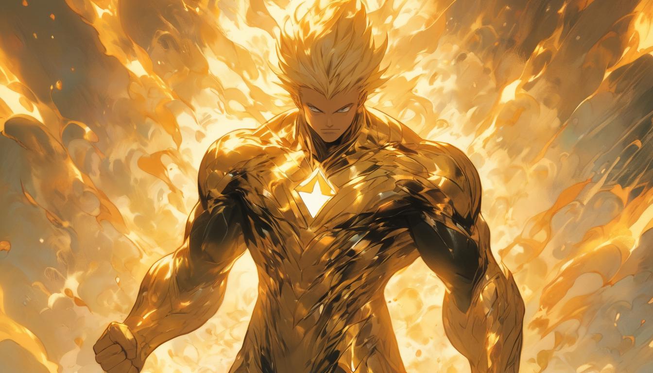  hyperrealism,fantasy aesthetic1man, attractive blonde arian male humanoid, standing with arms raised, surrounded by an aura of golden energy, symbolizing sovereignty, high tech clothing clad in sleek, futuristic costume with metallic accents and form fitting designs, marvel superhero comics style, unreal engine rendering