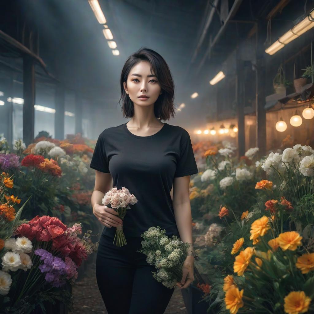  a woman, with flowers in her hands, stands tall, in the background, in a black T shirt hyperrealistic, full body, detailed clothing, highly detailed, cinematic lighting, stunningly beautiful, intricate, sharp focus, f/1. 8, 85mm, (centered image composition), (professionally color graded), ((bright soft diffused light)), volumetric fog, trending on instagram, trending on tumblr, HDR 4K, 8K